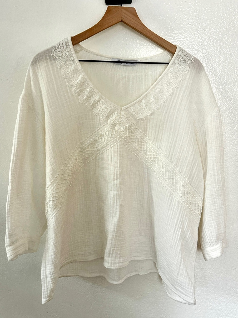 Zara Cream Lace-Trim V-Neck Blouse